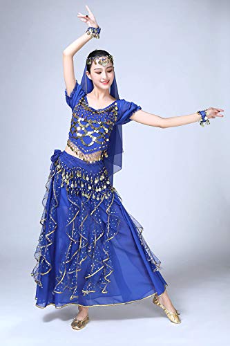 ORIDOOR Women Belly Dance Dress Indian Bollywood Halloween Costume Chiffon Skirts Shiny Belly Dance Suits 5-Piece Outfit, 004 Royal Blue, One Size - Thumbnail 4