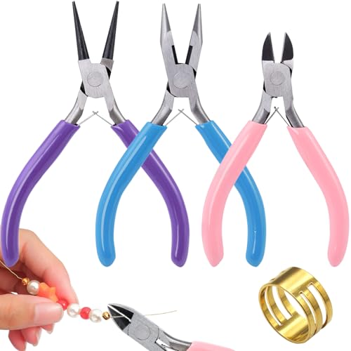 Set Pinze per Bigiotteria, Pinze per Creazione Gioielli - Pinza Tenaglia a Becco ad Ago/a Becco a Catena, Pinze a Becchi Tondi, Pinze per Filo Metallico con Aprianelli per Riparazione di Bigiotteria