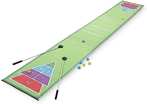 Hearthsong Shuffle Zone® 13-Foot Portable Indoor Shuffleboard Game, 13’L x 2’W, Includes 2 Cues, 8 Rolling Pucks with Sound Effects
