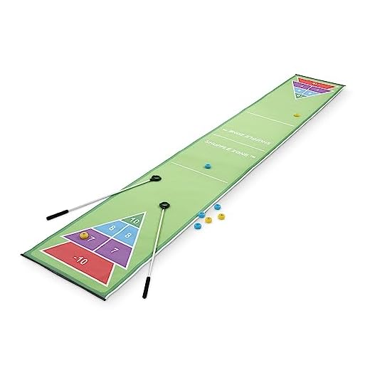HearthSong Shuffle Zone Shuffleboard Family Game with 13 Foot Oxford Mat, Two Cues, and Eight Rolling Pucks