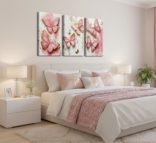 RAQXZHSW 3Pcs Pink Gold Butterfly Canvas Wall Art Luxurious Elegant Abstract Butterfly Painting Picture Wall Decor Poster Printed Artwork for Women's Room Apartment Dormitory Bedroom Home Decoration — view 3
