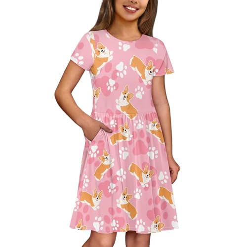 Image of Girls Dress with Pockets Basic Short Sleeve High Waist Swing Skater Dress School Party Dress for Kids