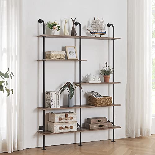 Homissue Industrial Bookshelf 5-Tier Open Wall Mount Ladder Bookshelf, Modern Bookcase With Metal Frame And Wood For Home Office, Wall Mounted Industrial Iron Pipe Shelf, Oak Brown #TOP2