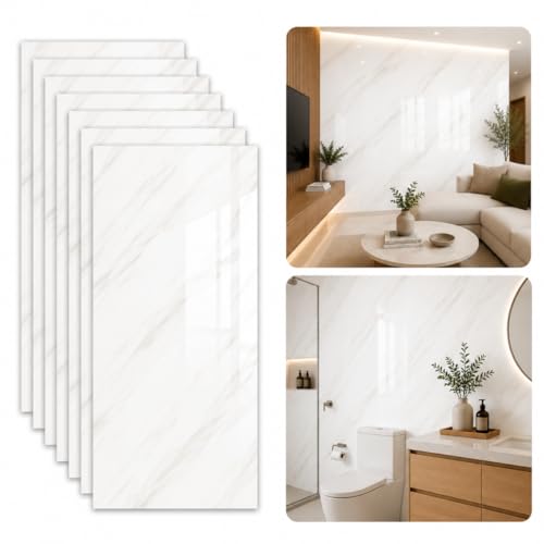 Kit com 10 Placas Adesiva Decorativa Efeito Mármore Premium | Revestimento Autocolante para Parede, Cozinha, Banheiro e Móveis | Diversas Estampas (Mármore Branco Veios Suaves)
