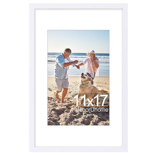 decorUhome 11x17 Picture Frame, Display Pictures 8x12 with Mat or 11x17 without Mat, Wall Hanging Poster Frame, White, 1 Pack