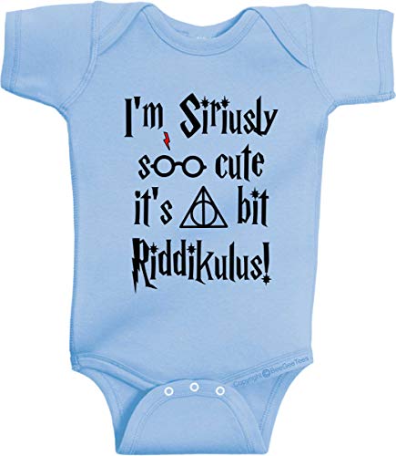BeeGeeTees I'm Siriously Soo Cute It's A Bit Riddikulus Funny Wizard Baby Wizard One Piece (Boys and Girls) (6 Months, 4 Light Blue)