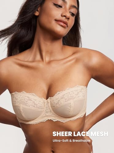 Image of DOBREVA Unlined Lace Strapless Bra Sexy See Through Plus Size Convertible Underwire Bras