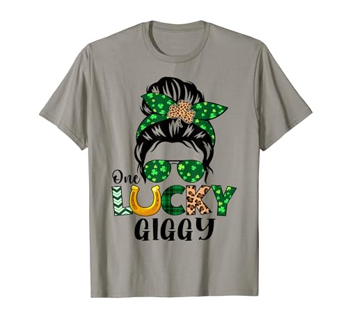 Giggy Messy Bun One Lucky St Patricks Day Grandma Shamrock T-Shirt