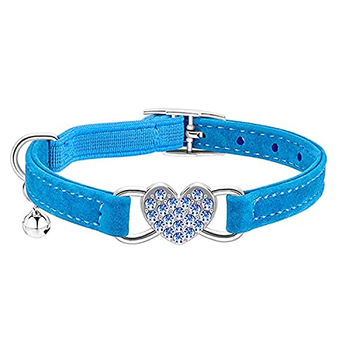 WDPAWS Heart Bling Cat Collar with Safety Belt and Bell Adjustable 8-10 inches for Kitten Cats (Blue)