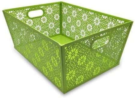 ARA CHOICE Modern Rectangle Metal Floral Mesh Storage Basket Tray Bin Laundry Grip Handles for Store Office Paper Sheet, Bathroom Accessories Easy to Use with Attractive Colorful Looks (GREEN)