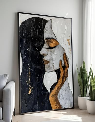 Tableau abstrait couple noir et blanc 70x100cm avec cadre intérieur