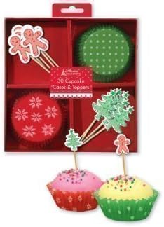 30 x Red & Green Christmas Xmas Cupcake Cases & Toppers Set Tree Gingerbread Man