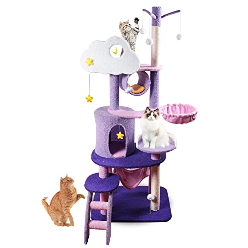 Cute Cat Tree, 65 Inch Cat Tower Purple Activity Tree Cloud Cat Tree