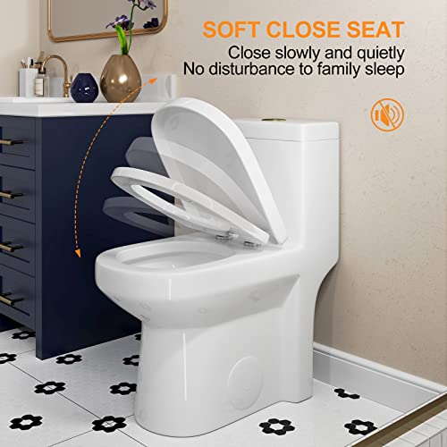 Horow 8733G Compact Toilet With Gold Button, Modern One Piece Toilet For Small Bathroom, Soft Closing Seat & Quick Release, Power Dual Flush With Gold Tank Button, White Toilet Bowl #TOP4