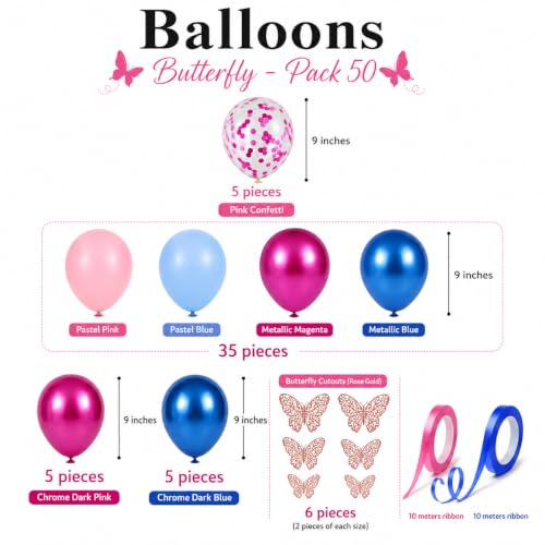 Image of AMFIN (Pack of 50) Butterfly Theme Birthday Decoration Kit Metallic Finish Women Girls Item Pink Blue Rainbow Flower Confetti Chrome Latex Balloons