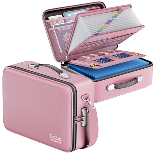 DocSafe Fireproof Document Box with Lock＆Shoulder Strap,Hard Case File Organizer with Accordion File Folder,Multi-Layer Portable Home Office Travel Safe Storage for Important Documents Laptop Pink