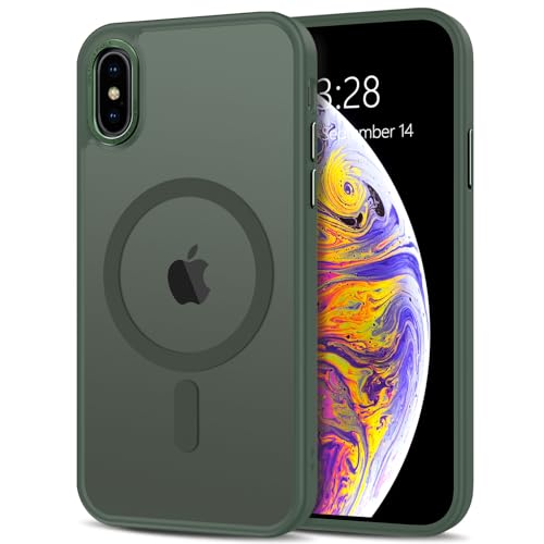 Anuck for iPhone X Case, for iPhone Xs Case Magnetic Phone Case Compatible with MagSafe,Soft TPU Bumper Hard Translucent Matte Back Slim Fit Shockproof Protective Cover for Men Women Girls-Dark Green