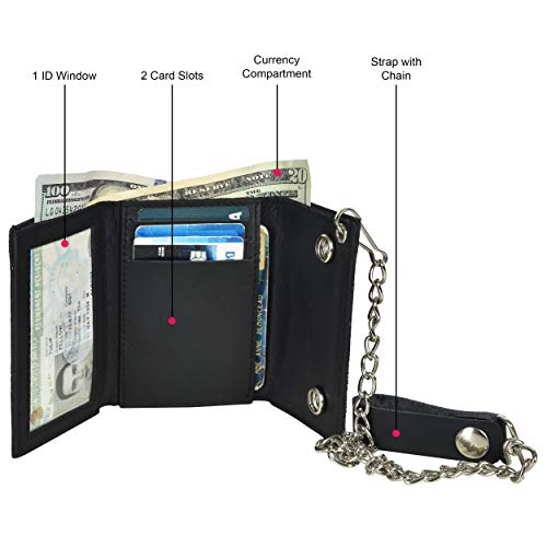Trifold Biker's Large Wallet ID Card Holder With Chain Genuine Leather3