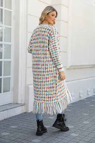 Image of Womens Boho Cardigan Sweater Maxi Long Colorful Fringed Tassels Knitted Cardigan Jacket Outwear