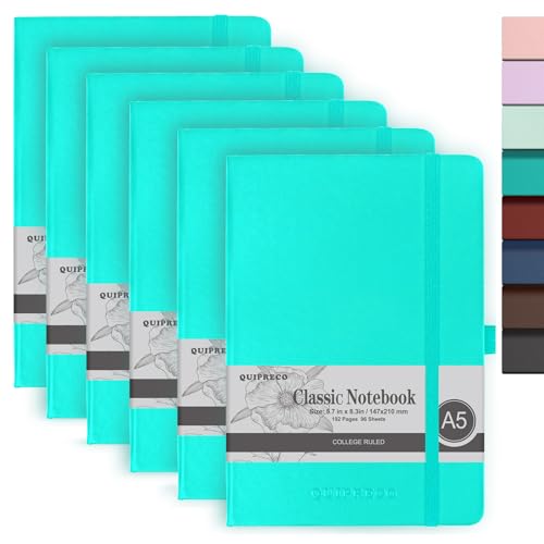 6Pack A5 Lined Hardcover Journal Notebook, 192 Pages 100Gsm Thick Paper College Ruled for School,Note Taking,Work,Diary，5.7''*8.3'',Turquoise