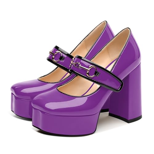 NUMALEO Purple Mary Jane Shoes for Women Platform Mary Jane Heels High Chunky Block Closed Square Toe Strappy Pumps Patent Fashion Sexy Wedding Party Dress Shoes Size 9