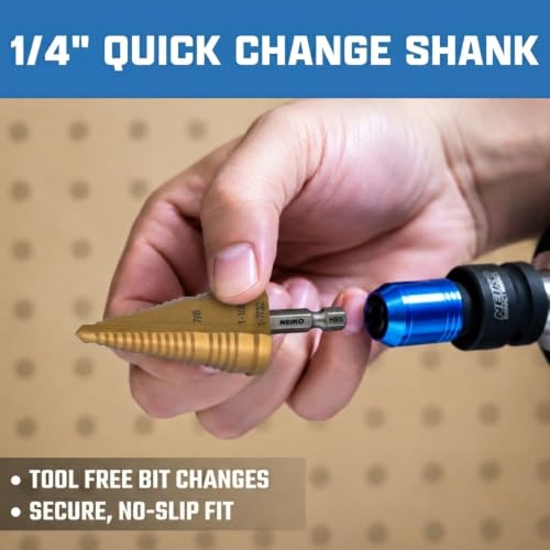 Image of NEIKO 10636A Step Drill Bit, 3 Steps 7 /8 inch to 1-7 /32 inch Straight High Speed Steel, Titanium Nitride Coated, 1 /4 inch Quick Change Step Bits for Steel, Metal, Wood, Plastic, Unibit Cone Drill Bits, Two Flute