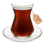 Turkish Tea Set of 6, Special Design Clear Glass Tea Cups and Saucers (12 Pcs), Traditional Slim Waist Shape, Solid Base Heat-Resistant Glass, 5.5 oz (165 ml) Elegant Turkish Teacups for Home or Gift
