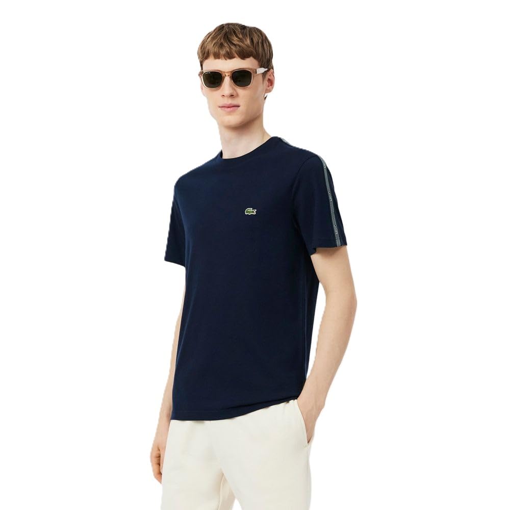 Lacoste Camiseta de Manga Corta para Hombre, Algodón 100%, Azul Marino, Cuello Redondo, Raya en Hombros, Regular Fit