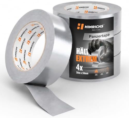 Hinrichs Panzertape silber - 4 Rollen 50m x 50mm Gewebeband - extra starkes Klebeband - wasserdichtes Panzerband - breites Gewebeklebeband grau - power Duct Tape für Innen und Auße