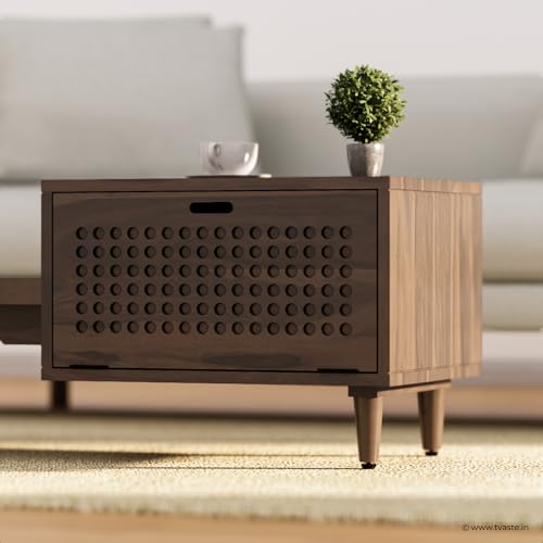 Image of KOVA Solid Sheesham Wood Coffee Table & Centre Table for Living Room with Lift-Down Shutter Storage and Open Side Tray (Dotted, Walnut Finish)
