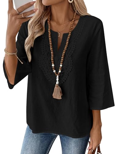 LOMON Womens 3/4 Sleeve Tops Cotton Linen Shirts V Neck Lace Casual Loose Fit Blouses Boho Fashion(Black,L)