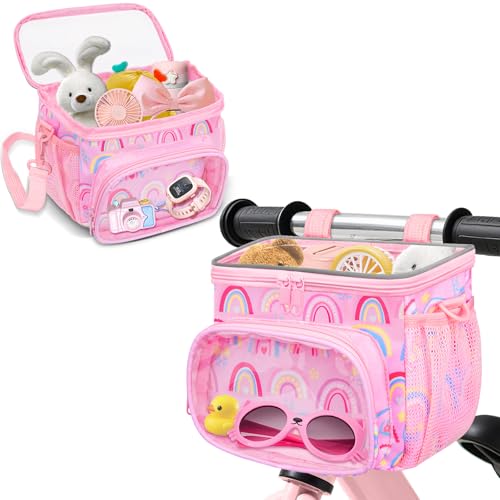 Faneam Panier Vélo Enfant, Sacoche de Guidon de Vélo Pliant, Étanche Panier Avant de Guidon avec Bandoulière Réglable et Amovible pour Filles Garçons, Accessoire pour Vélo, Scooter, Tricycle (Rose)