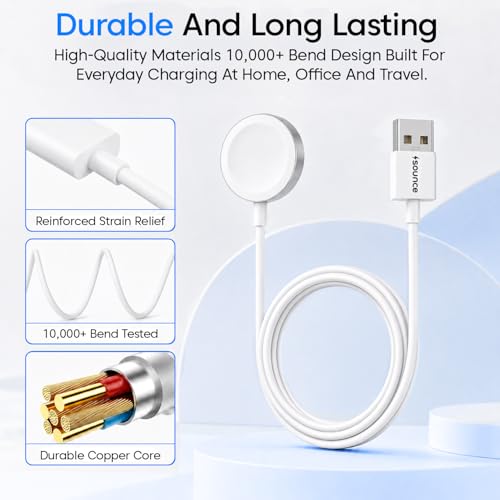 Image of Sounce USB 3.0 Smart Watch Charger, Charging Cable Compatible with Watch Ultra 2 /Ultra, Series 9 /8 /7 /6 /5 /4 /3 /2 & SE /SE2, (3ft) - White