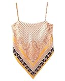Women's Paisley Print Tie Back French Knot Hanky Hem Spaghetti Straps Handkerchief Cami Bandana Tube Crop Top Orange