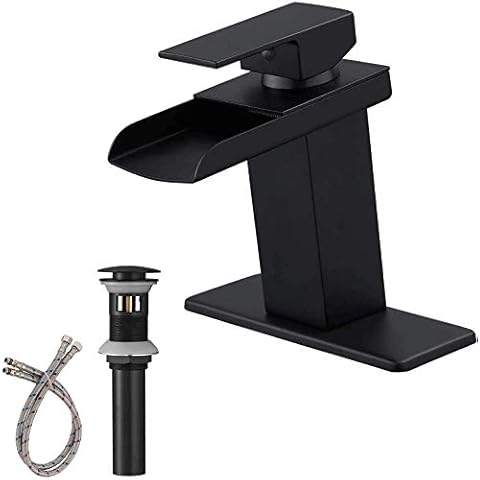 Bathadore Waterfall Black Bathroom Faucet Pop up Drain with Overflow Assembly and Supply Hose Lead-Free Single Handle One Hole Lavatory Sink Faucets Deck Mounted… Cover