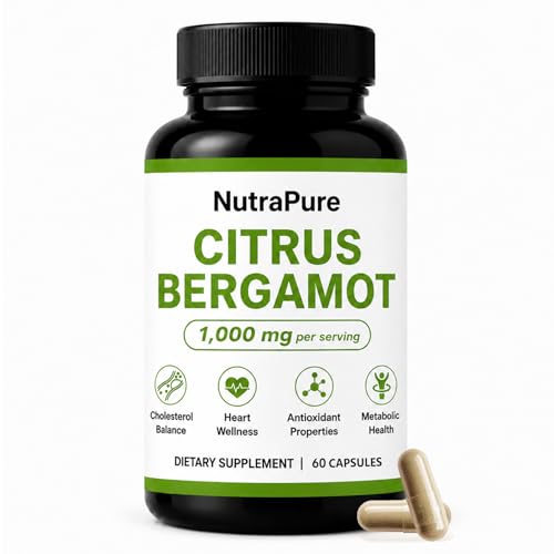 Nutrapure Citrus Bergamot Capsules - 1000mg Pure Citrus Bergamot Supplement Supports Healthy Cholesterol Levels & Heart Health Boosts Immune Digestive & Gut Health 60 Capsules (1)