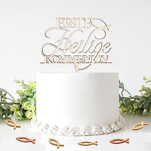 HOECMRHP Erste Heilige Kommunion Cake Topper mit 30 Pcs Holz Fische Streudeko - Erstkommunion Tortenstecker - Tortenfigur Acryl - Kommunion Torten Topper Dekoration 17X15CM (Holz) Cover