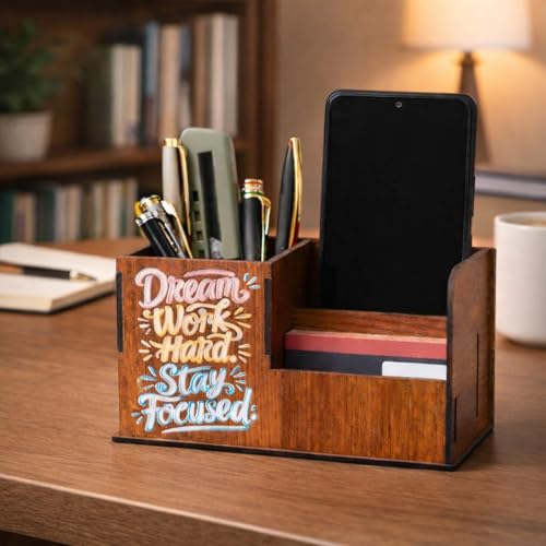Image of Handcrafted Wooden Pen Holder & Mobile Stand | Desk Organizer for Office, Home & Study Table | Pen Pencil Stand with Card Holder (6.75x3.75x2.5 Inch) (Dream Work Hard Stay Focused)
