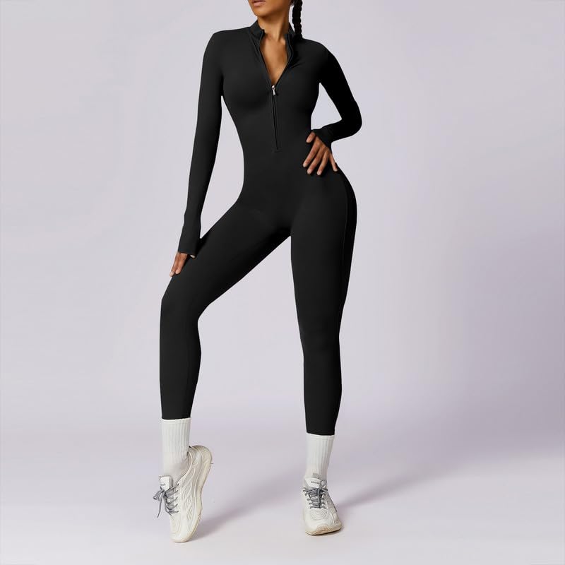 Litthing Femme Combinaison de Sport, Sexy Tirette Long Moulante Vetement Bodysuit Manches Longues Body Yoga Élastique Skinny d'entraînement Bodycon Une Pièce