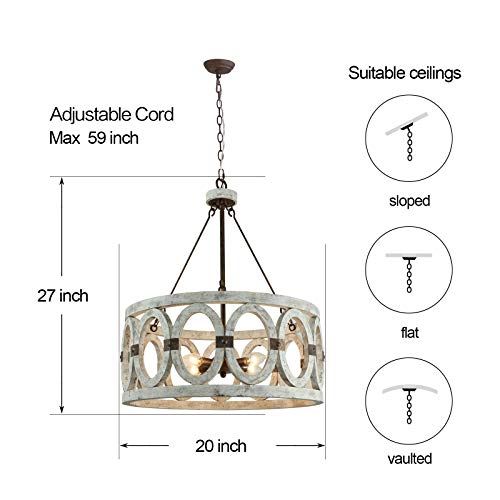 Knwzvc Vintage French Country Chandelier Farmhouse For Dinning Room, Round Drum Pendant Light Fixture, Hand-Painted Distressed White, Olive Solid Wooden Brackets Rustic Metal 4-Light #TOP6