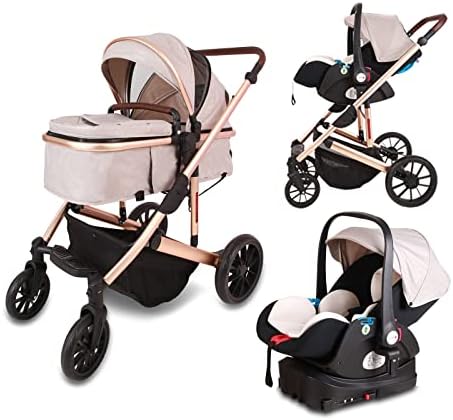 Trenana 5 in 1 Baby Travel System,Baby Stroller and Car Seat Combo, Includes Quick Folding Aluminium Baby Stroller and Infant Car Seat,High View Modular Stroller with Base(Color:White)