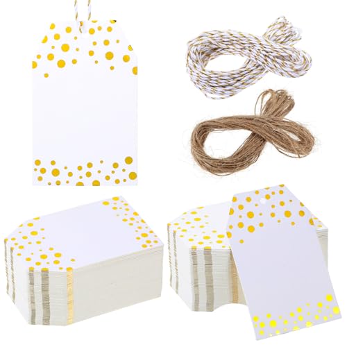 XLIUAX 100 Stück Geschenkanhänger mit Folien Goldpunkte, Kraftpapier Anhänger Kärtchen Hochzeit Anhänger zum Beschriften für Hochzeit Geburtstag Baby Shower Geschenkverpackung Weihnachten, 7,5x5cm