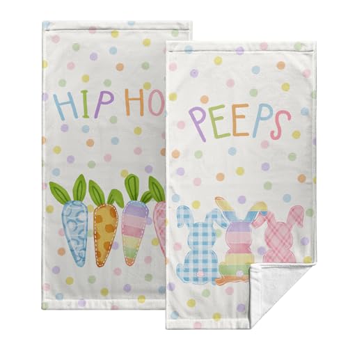 Kwlegh Easter Hand Bath Towels Colorful Polka Dots Carrot Bunny Kitchen Towels Spring Rabbits Peeps Fingertip Towels Dish Drying Towels 2 Pack 14.4x28.3 Farmhouse Hotel Bathroom Decor