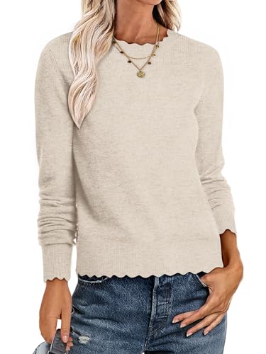 ANRABESS Womens Long Sleeve Sweaters Loose Fit Lightweight Scallo...