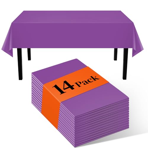 Image of Purple 14 Pack 54 x 108 Inch Plastic Tablecloths, Disposable Rectangle Tablecloth, Party Table Cover Plastic Table Cloth