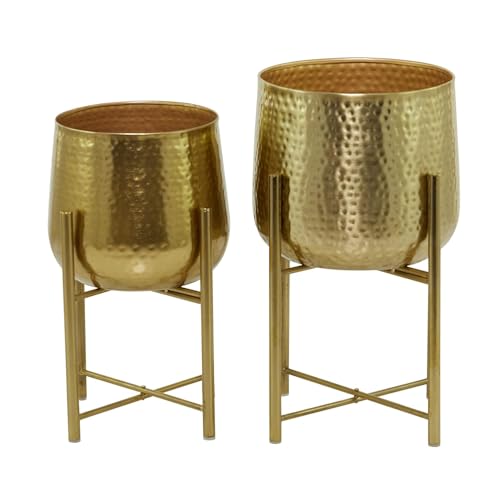 Image of Round Shape Metal Indoor & Outdoor Large Golden Planter Pot for Living Room Bedroom & Interior Balcony Sets of 2