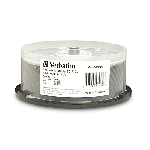 Verbatim 97284 BD-R DL 50GB 6X DataLifePlus White Thermal Printable, Hub Printable - 25pk Spindle