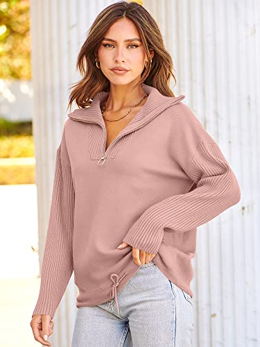 Anrabess Women’s Casual Oversized Long Sleeve Half Zipper Collared High Neck Pullover Sweatshirt Sweater With Pockets 780Fense-M Pink #TOP3