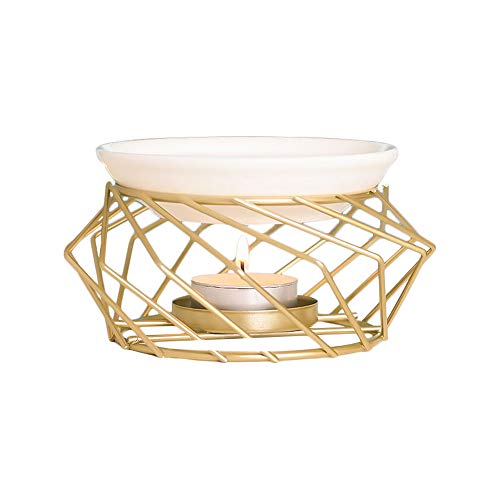 CAIJ Gold Metall Geometrische Wachs Schmelze Brenner, Rahmen Ätherische Öl Brenner Teelicht Kerzenhalter Aroma Brenner Wachswärmer mit Keramikschale Cover