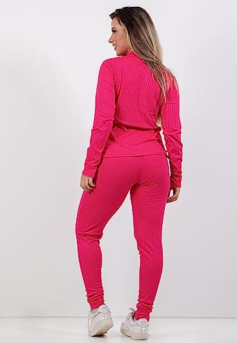 Conjunto Canelado Manga Longa Blusa Canelada Calça Jogger Cintura Alta Liso (Preto, M)